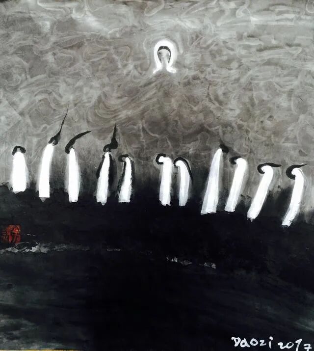 告别岛子:死的时候只有更轻,才能|岛子水墨作品《古海盥献》,纸本水墨,2017年